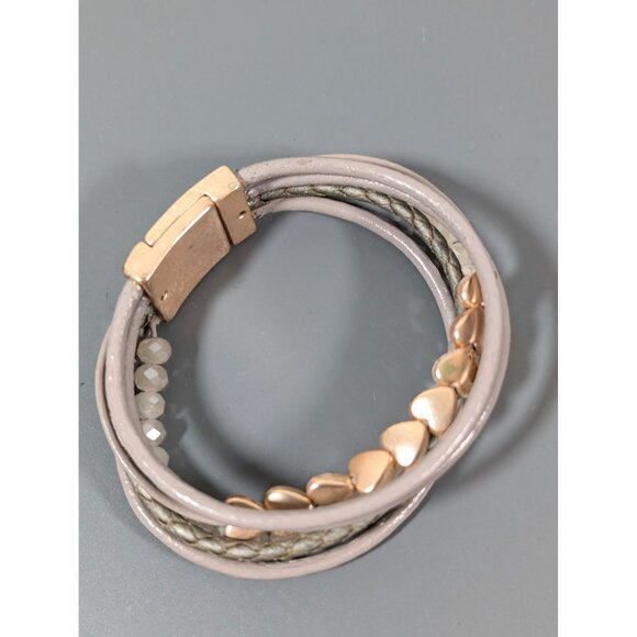 SAACHI Gold Tone Beige Gray Leather Glass Multi Cord Magnetic Bracelet 7" - Picture 3 of 10